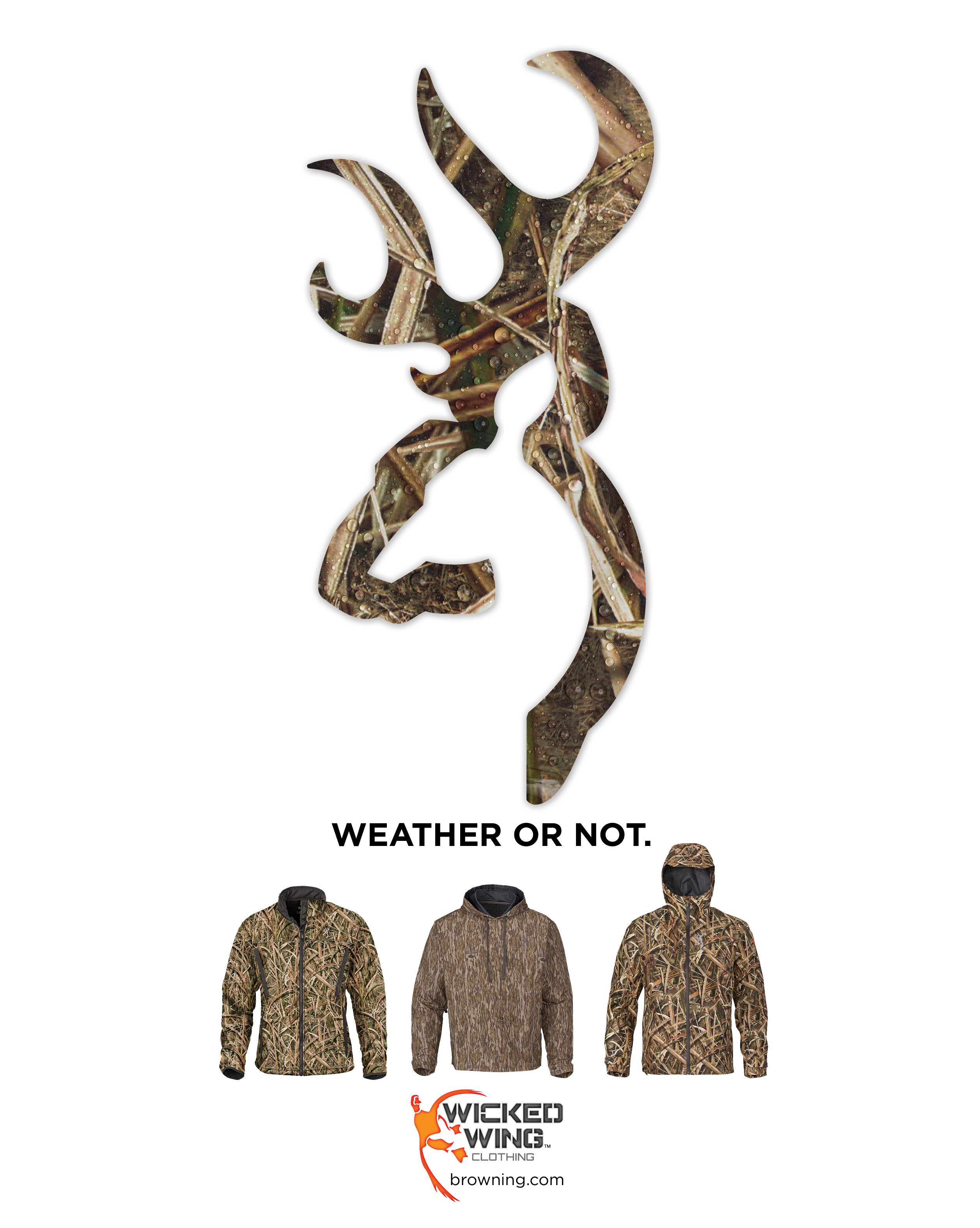 Waterfowl camo Buckmark logo with wicked wing clothing
