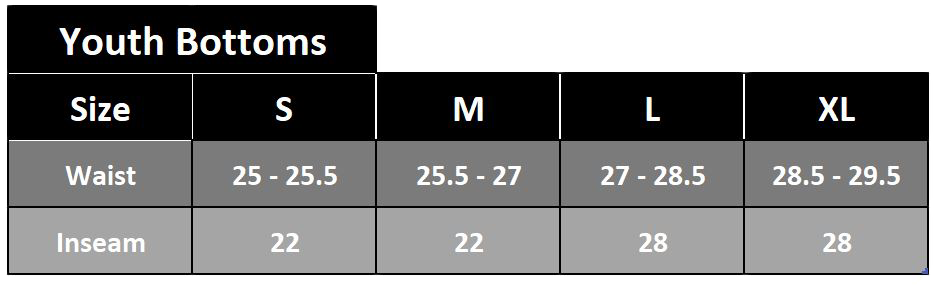 Youth Bottoms Size Chart