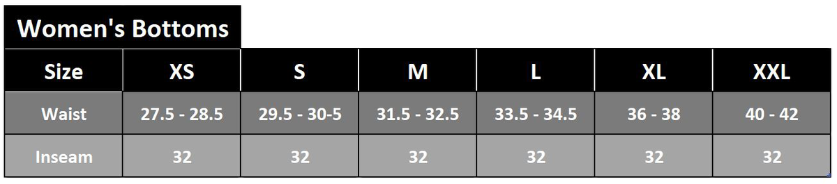 Womens Bottoms Size Chart