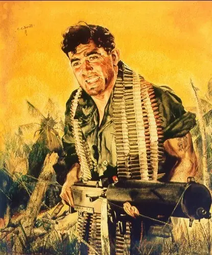 USMC hero John Basilone with Model 1917A1 Browning machine gun.