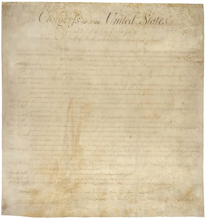 The proposed Bill of Rights, as presented to the First Congress of the United States.. 